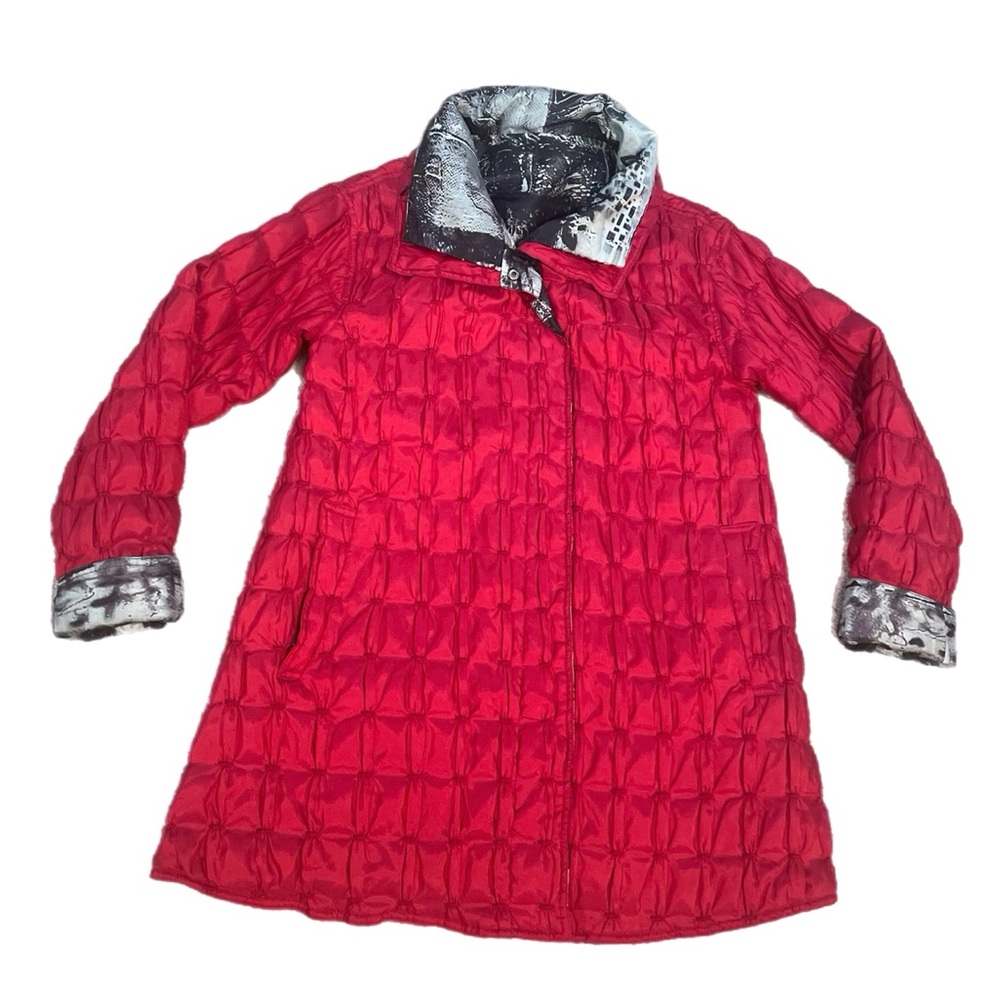 UBU Reversible Quilted Long Jacket Red & Expressions of Love Art Packable Coat S